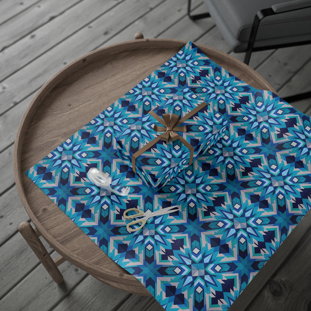 Indigenous Plains Cree Geometric Star Wrapping Paper – Blue & Turquoise Gift Wrap