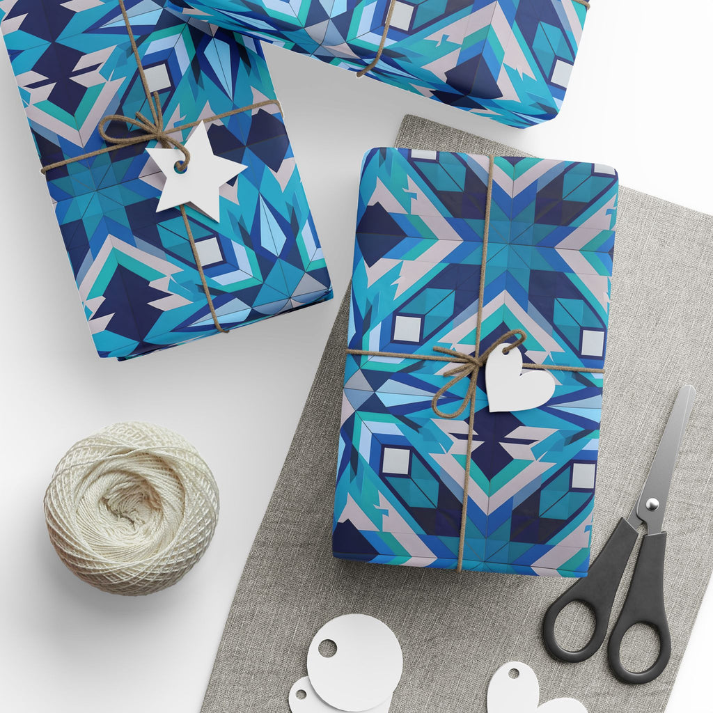 Indigenous Plains Cree Geometric Star Wrapping Paper – Blue & Turquoise Gift Wrap