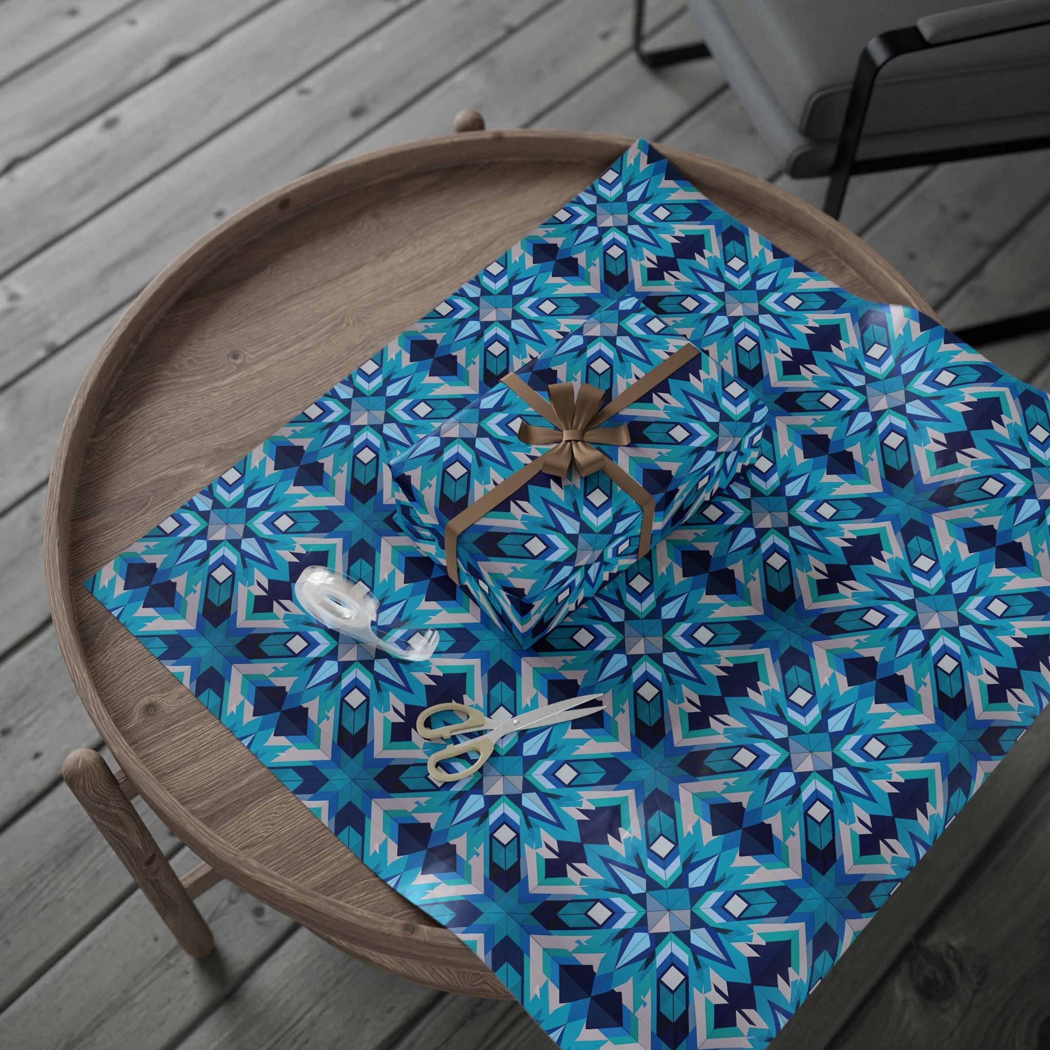 Indigenous Plains Cree Geometric Star Wrapping Paper – Blue & Turquoise Gift Wrap