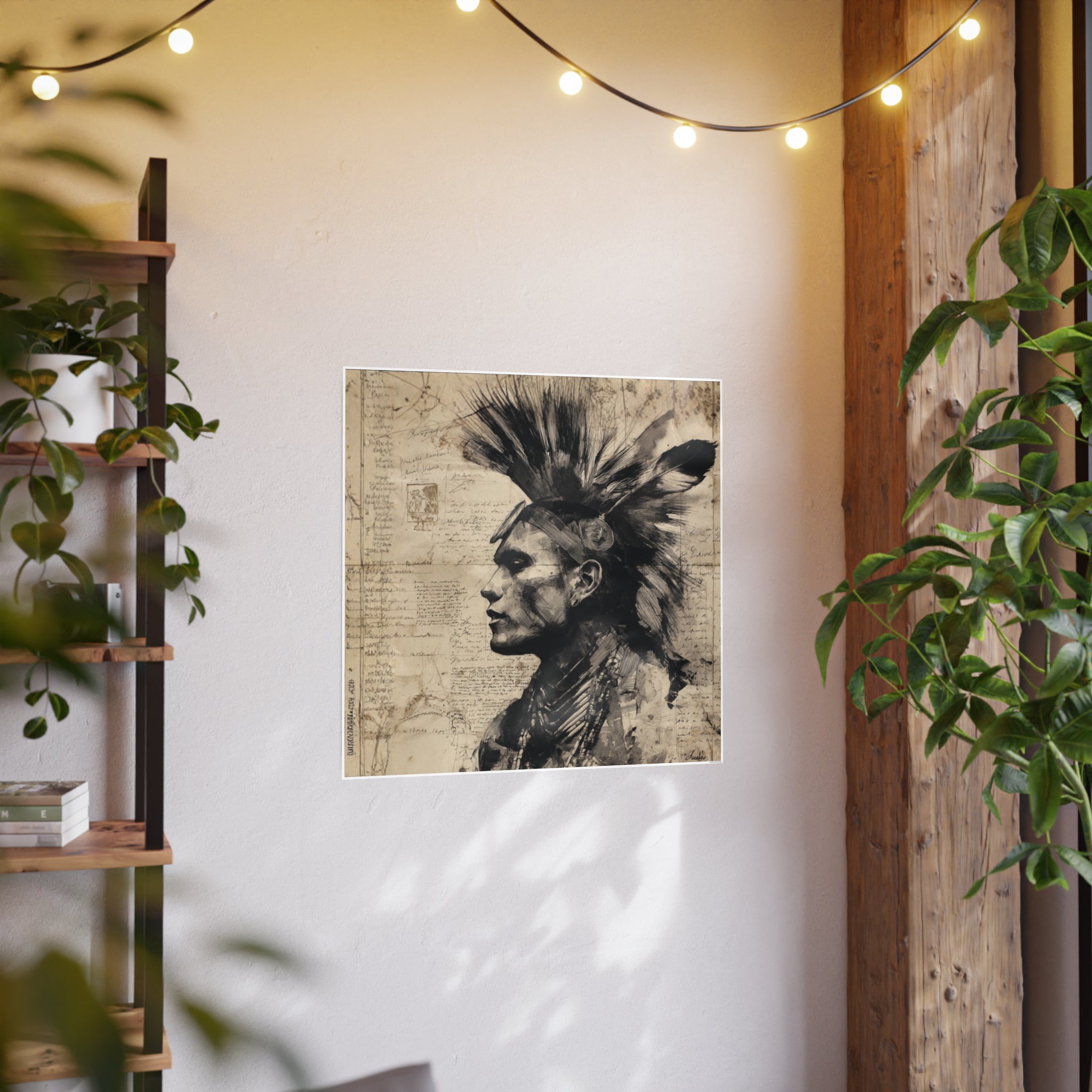 Vintage Tribal Portrait Photo Art Poster — Sepia Native Headdress Wall Print