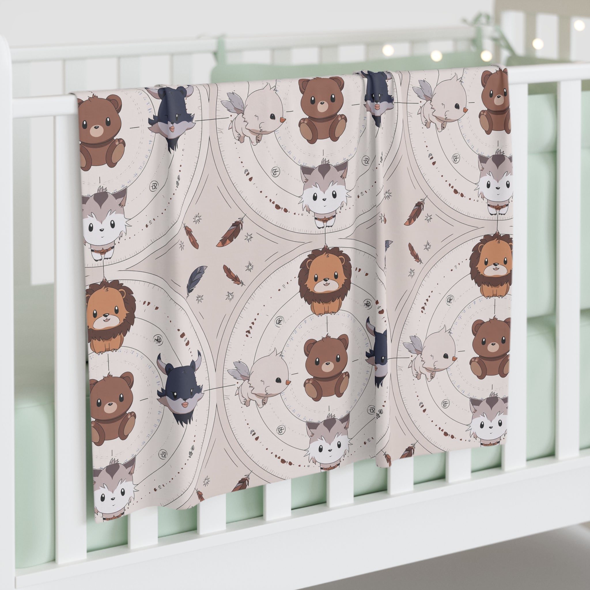Neutral Woodland Animal Baby Swaddle Blanket — Lion, Bear & Fox Nursery Receiving Wrap