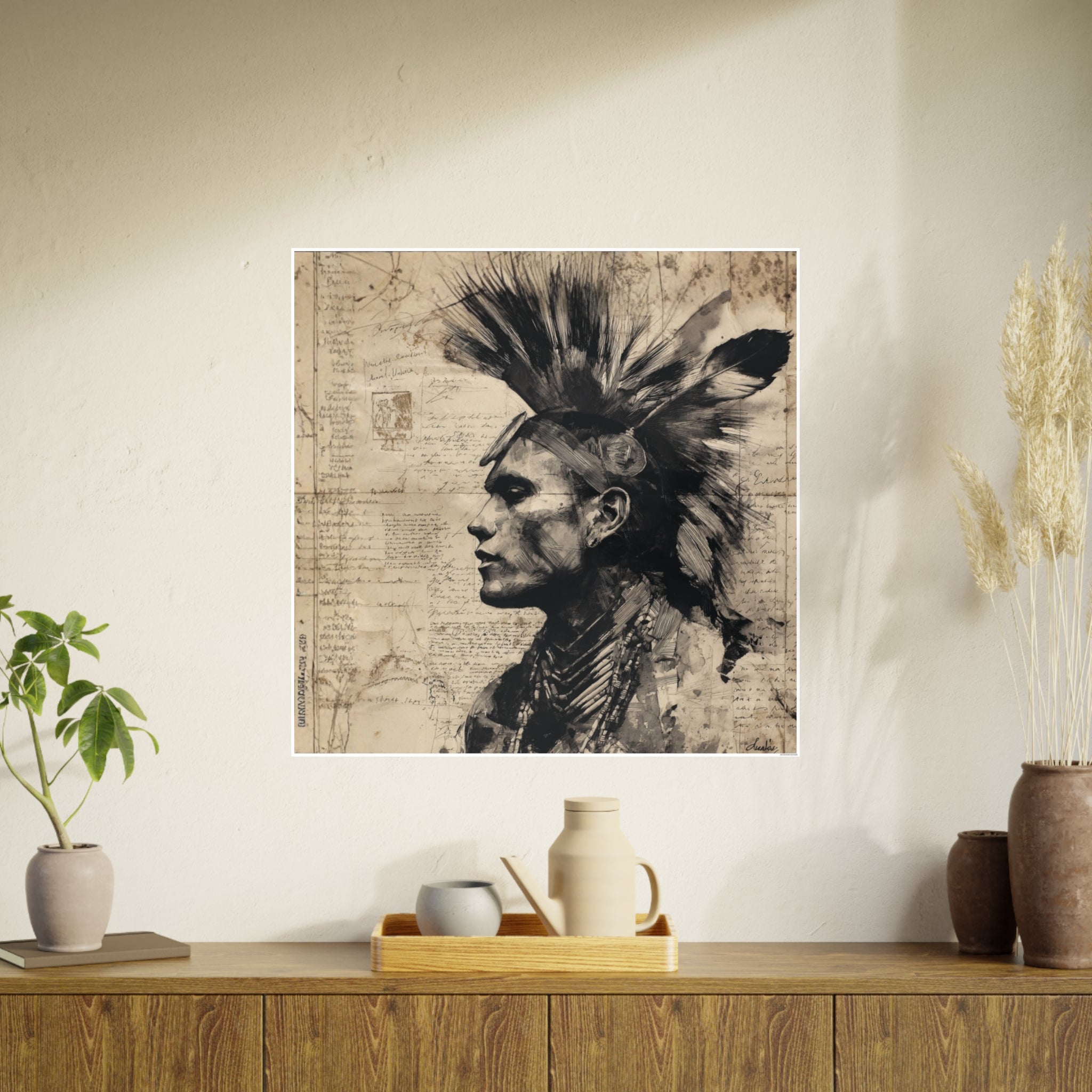 Vintage Tribal Portrait Photo Art Poster — Sepia Native Headdress Wall Print