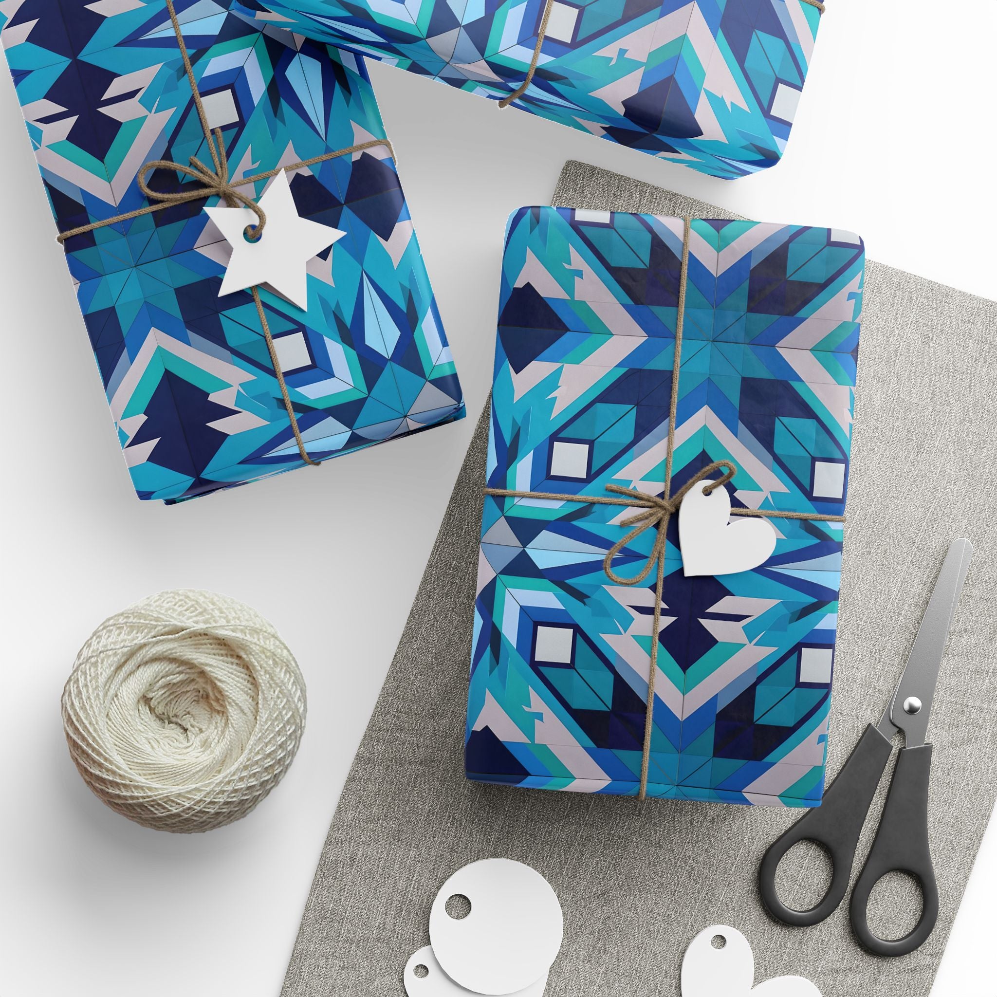 Indigenous Plains Cree Geometric Star Wrapping Paper – Blue & Turquoise Gift Wrap