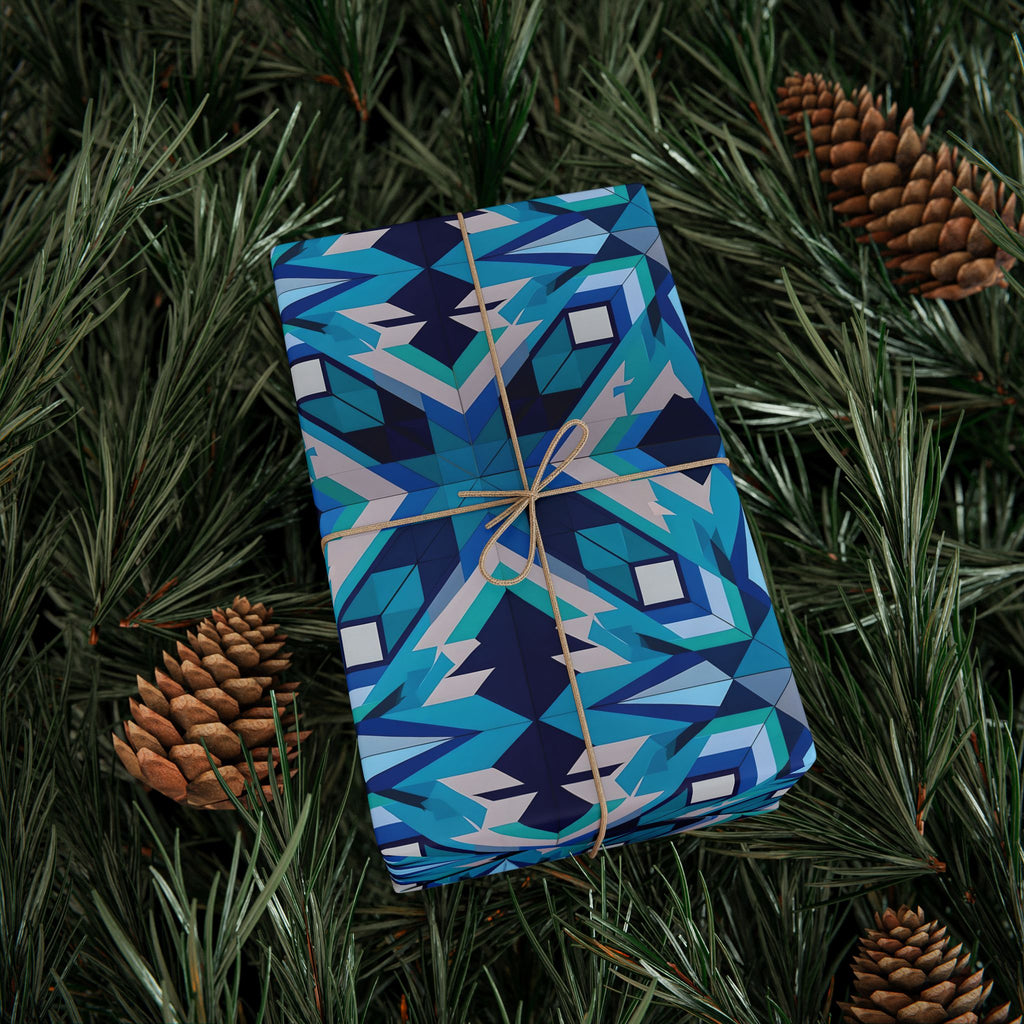 Indigenous Plains Cree Geometric Star Wrapping Paper – Blue & Turquoise Gift Wrap