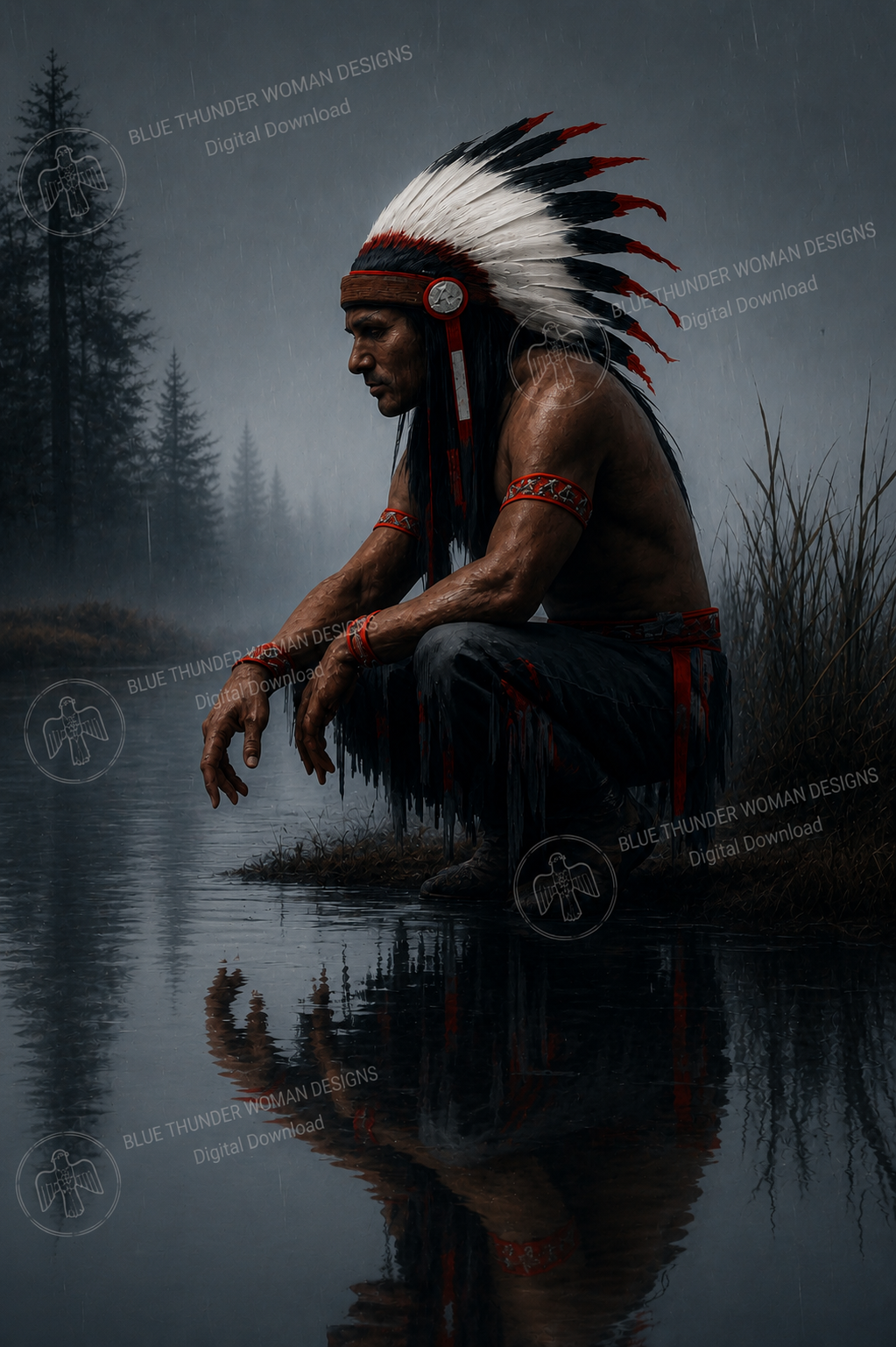 Silent Reflection | Indigenous Warrior Digital Wall Art